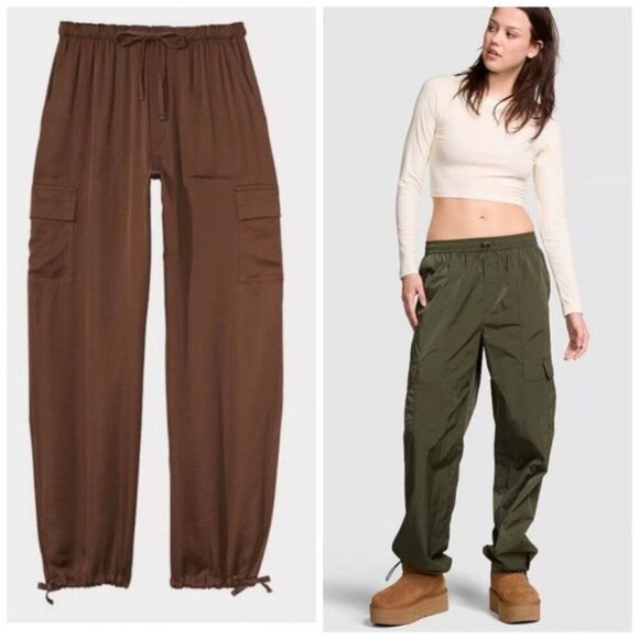 PINK Victoria's Secret Pants - VS PINK Parachute Cargo Pants L Brown Satin Y2K Utilitycore Streetwear Baddie